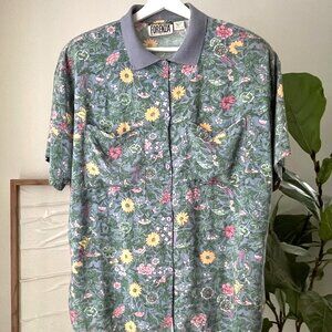 Women's Vintage 80's FORENZA Floral Button Front Polo Shirt Top Rayon Vtg Large